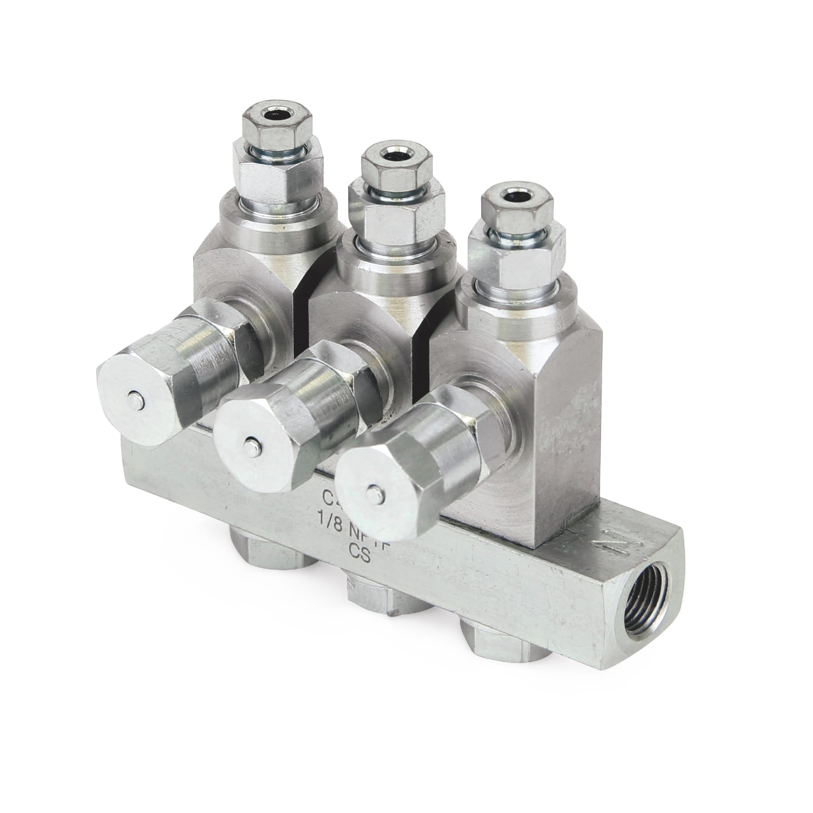 GL-42™ Öleinspritzung, Kohlenstoffstahl, Verteiler mit 3 Einleitungsverteilern, 1/8". BSPP x 6 mm