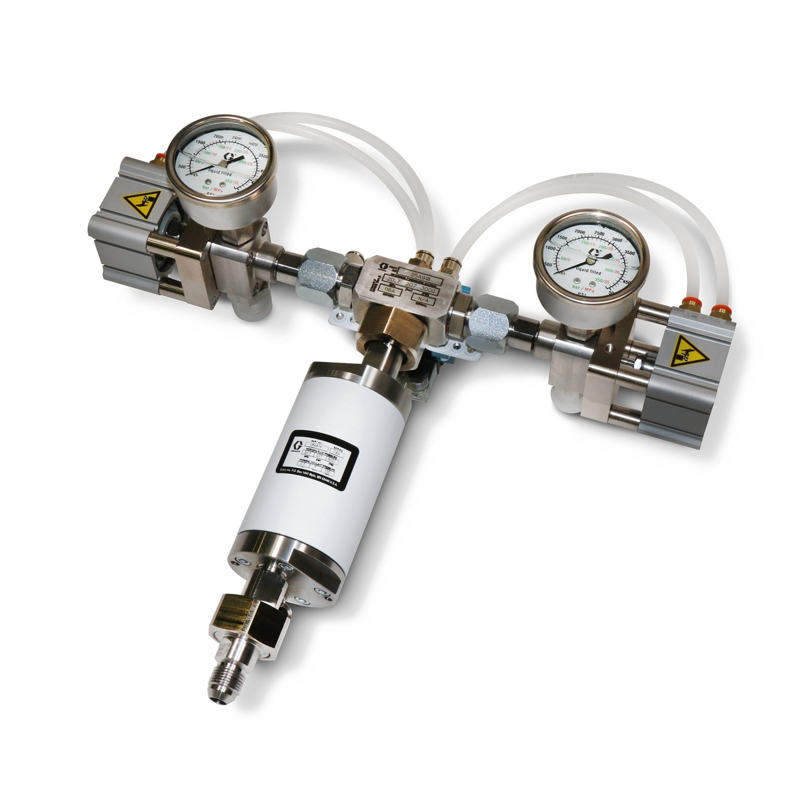 Mixing stack with straight thread and multiple passages with A/B shut-off valves and colour dosing set