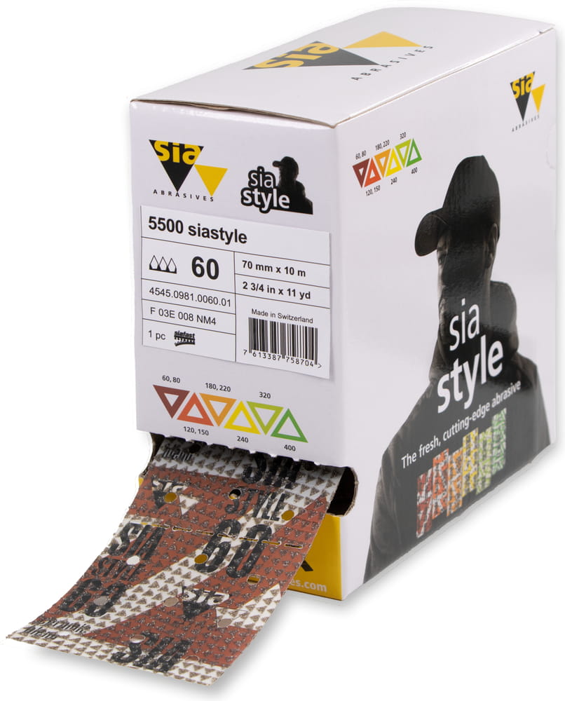 sia Abrasives 5500 siastyle – siafast Schleifrolle – 70 mm x 12 m – Perforierung: 67 mm – Körnung 400