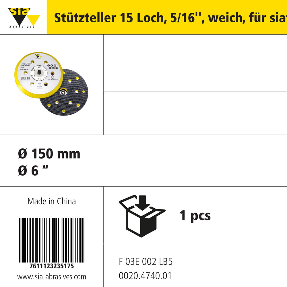 sia Abrasives Stützteller für siafast Schleifscheibe, gelb geschäumt – Ø 150 mm, 15-Loch – Typ: weich, siafast-Klettsystem