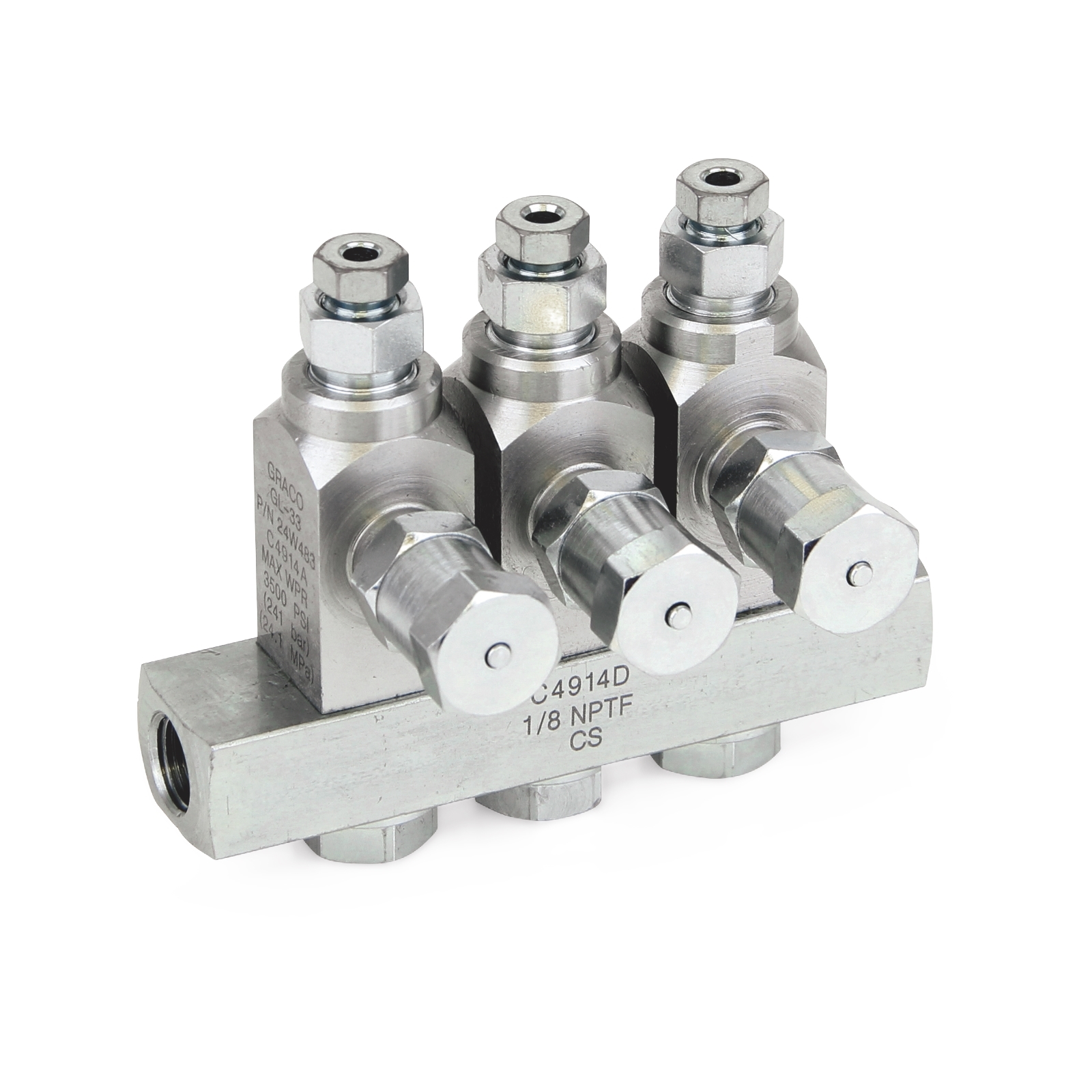 GL-42™ Öleinspritzung, Kohlenstoffstahl, Verteiler mit 3 Einleitungsverteilern, 1/8". BSPP x 6 mm