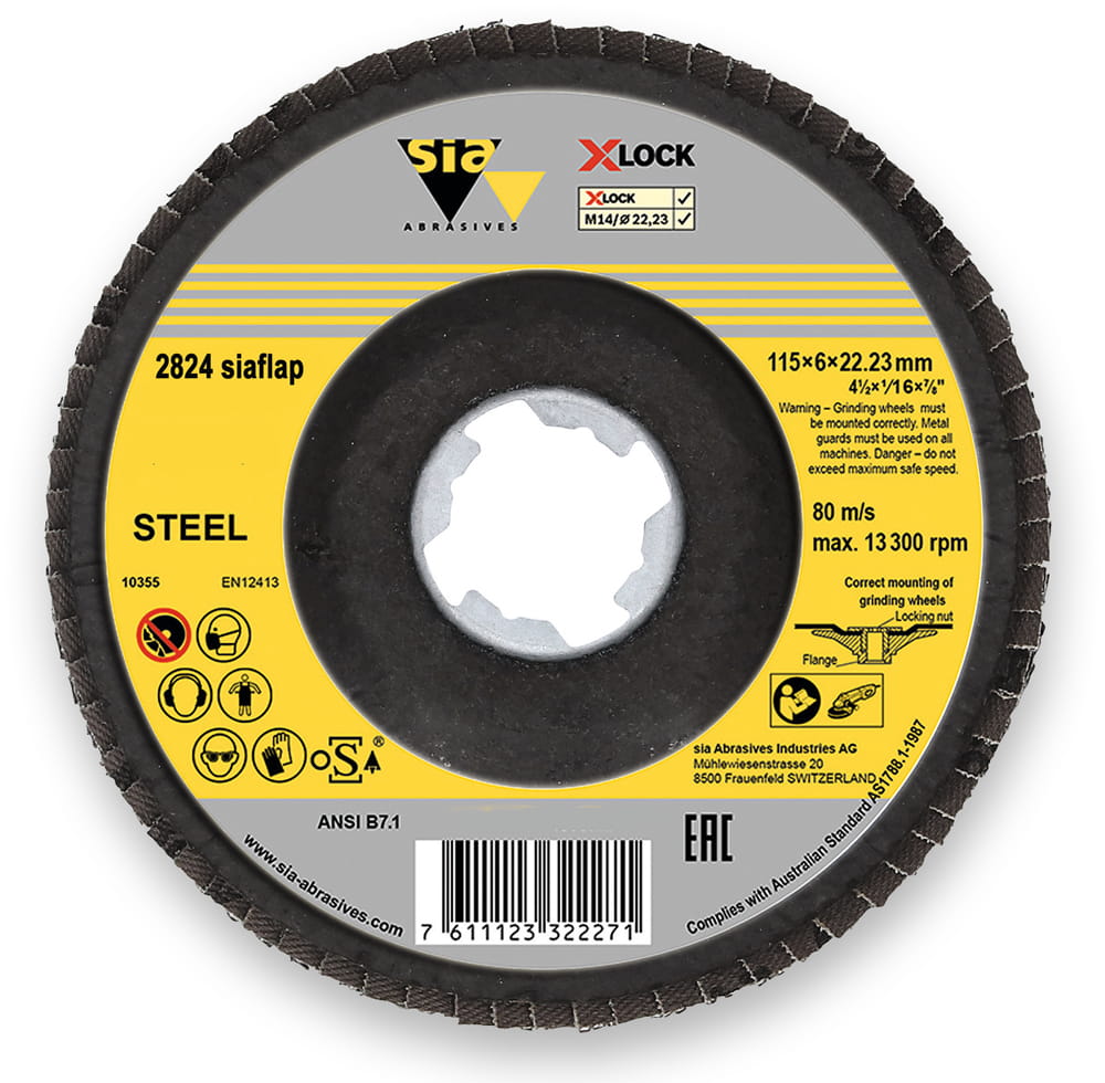 sia Abrasives 2824 siaflap – Kunststoff-Stützteller – Ø 115 mm, Bohrung: 22,23 mm – Typ: X-LOCK, T29 (gewinkelt), 80