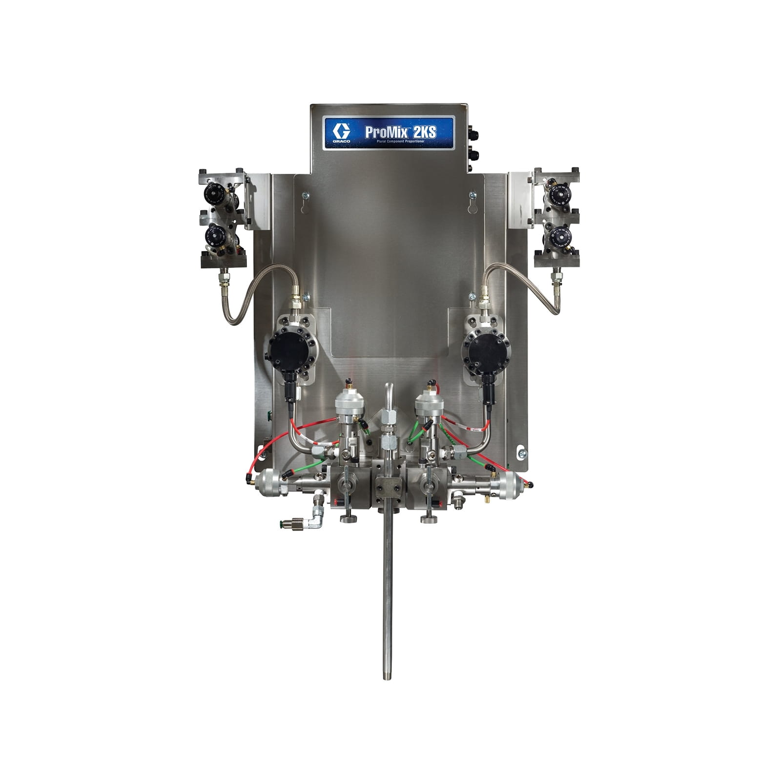 Manual ProMix 2KS wall-mount panel, EasyKey, G3000 A & B meters, 2 colour LP, 2 low-pressure catalysts and 1 airflow switch with gun flush box