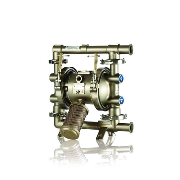 Pompe à double membrane pneumatique SaniForce 1040 S/S avec raccord à bride, sièges 316 S/S, joints toriques en PTFE, polychloroprène avec noyau S/S, billes et membrane en Santoprène