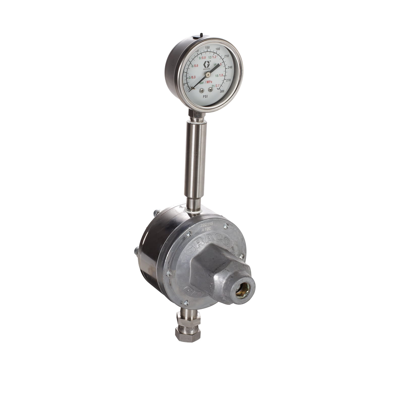 Material regulator, low pressure, max. 300 psi (18 bar), 20 to 160 psi, 3.0 gpm, stainless steel, spring-loaded, 3/8 (f) x 3/8 (m), 1/4 (f) opening