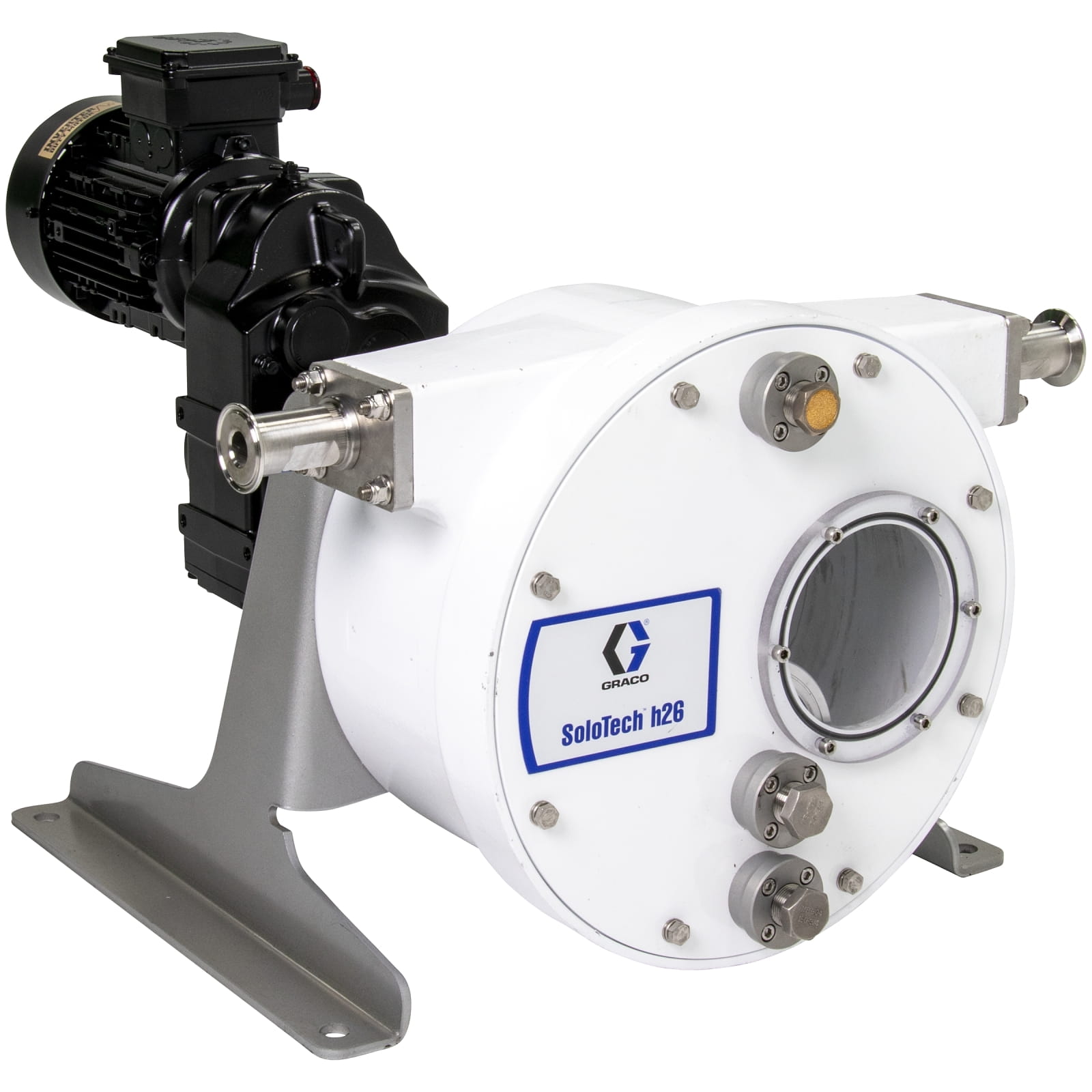 Schlauchquetschpumpe SoloTech h26, 0,3-HP-Wechselstrommotor mit niedrigdrehzahligem Vorgelege, 0,23вЂ“1,4 gpm, FDA-Nitrilschlauch, Edelstahl-SanitГ¤ranschlussstГјck