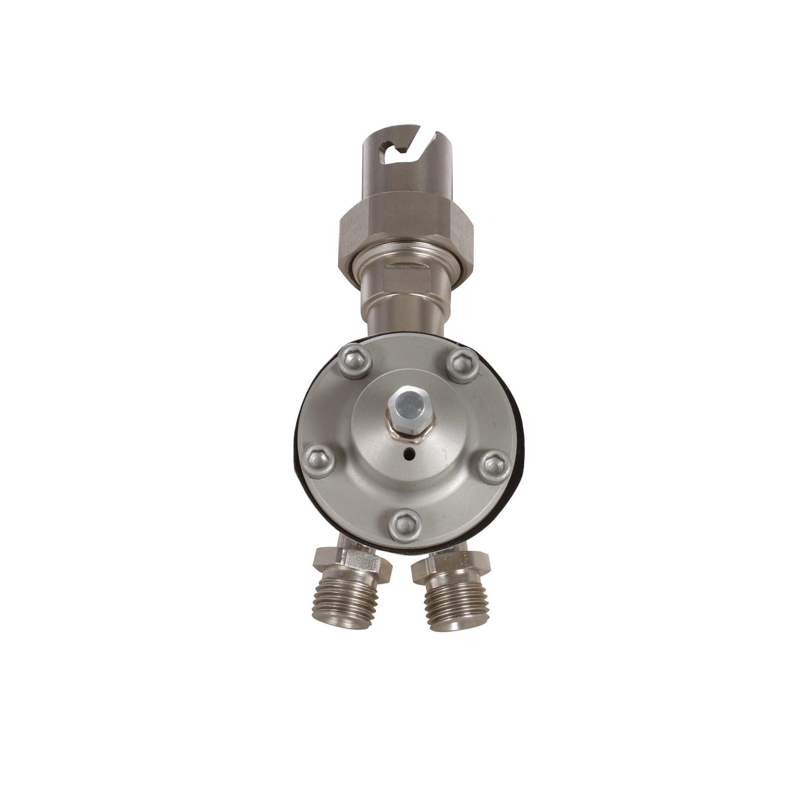 Regulador de material para montaje en pistola, entrada/salida con cierre giratorio de 3/8, presión de entrada de material de máx. 200 psi (14 bar), piezas en contacto con el producto de acero inoxidable.