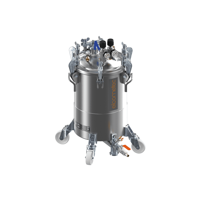 Elcometer P30B Edelstahl-Druckbehälter mit Rädern und doppeltem Bodenablass; 30 l (7,92 US-Gallonen) Elcometer P30B Edelstahl-Druckbehälter mit Rädern und doppeltem Bodenablass; 30 l (7,92 US-Gallonen)