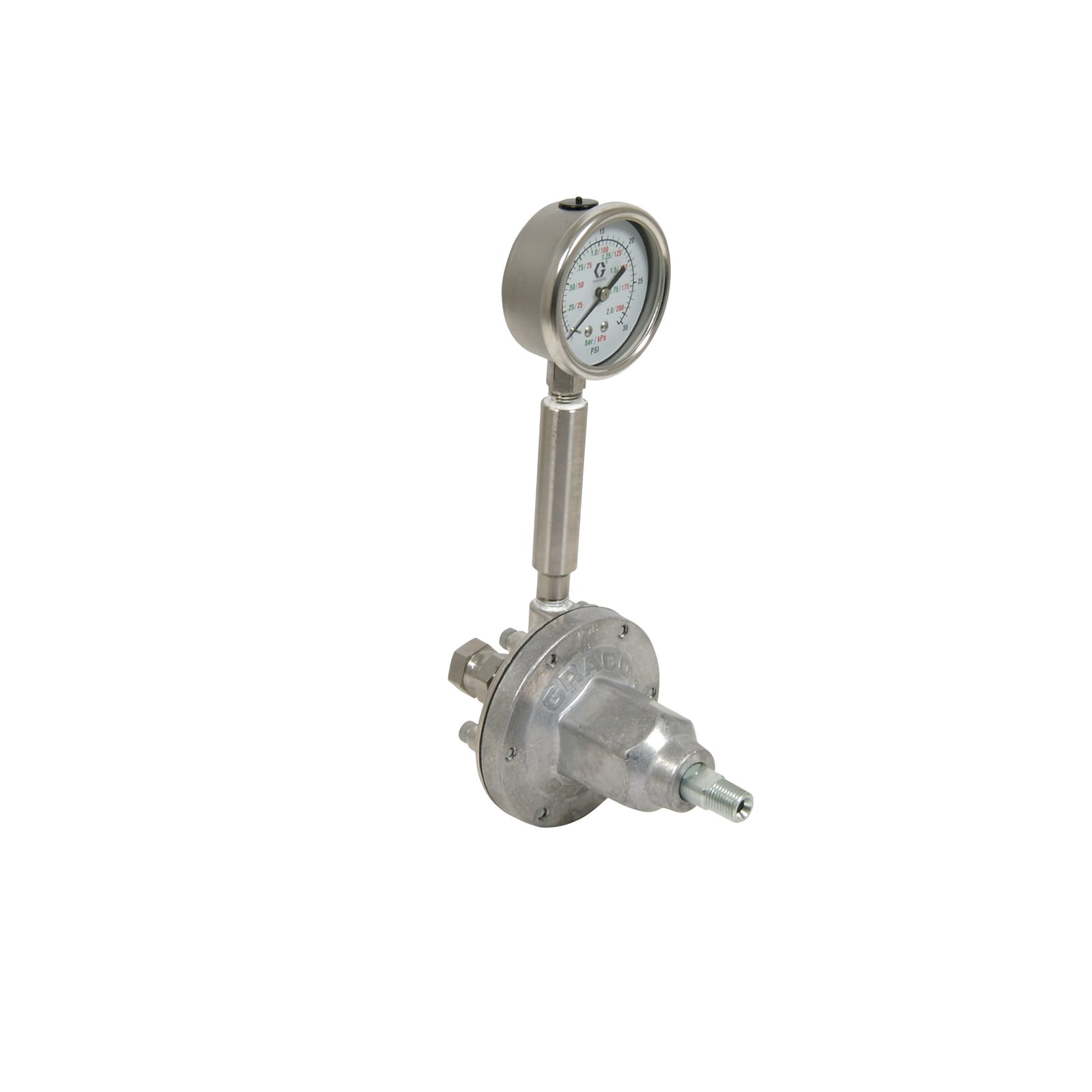 Regolatore di materiale per bassa pressione, max. 250 psi, da 0 a 30 psi, 3,0 gal/min, acciaio inossidabile, tipo aria, 3/8 (f) x 3/8 (f), attacco 1/4(f)