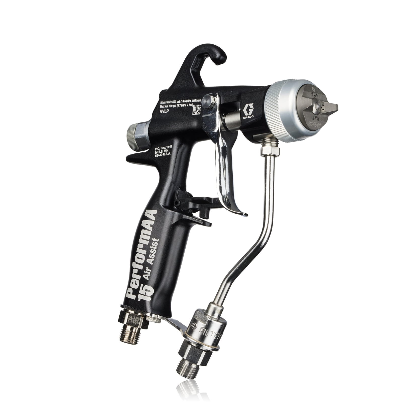 Pistola asistida por aire PerformAA 105 con casquillo de aire de acabado general y rótula giratoria para el material.