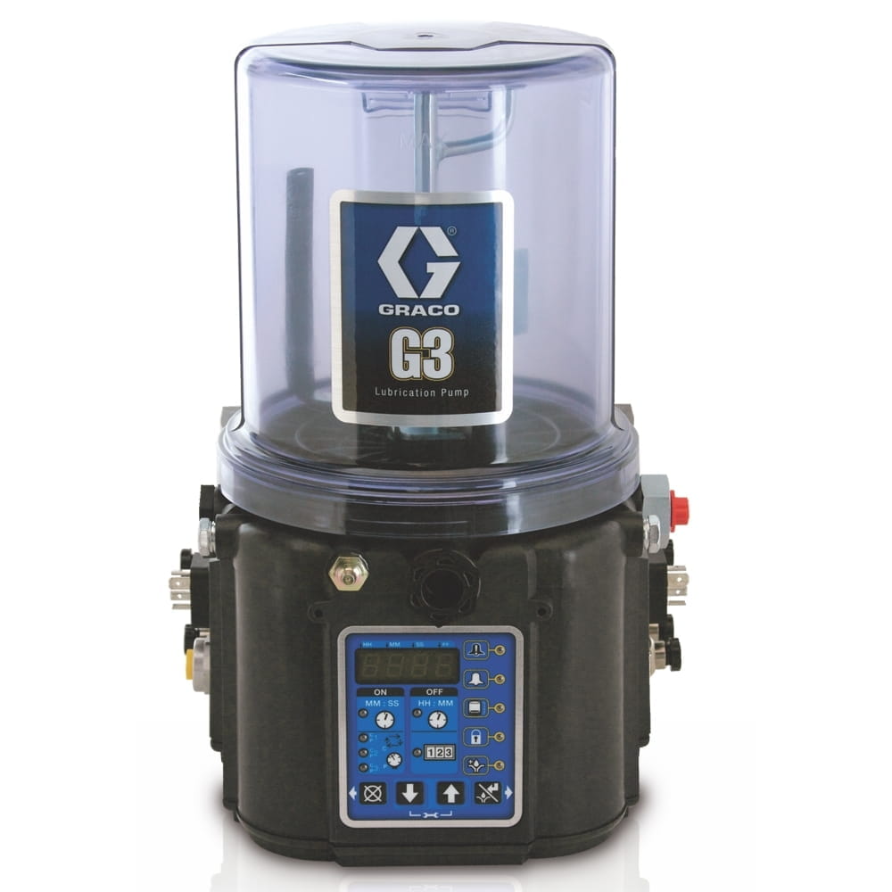 Pompa per lubrificante G3™ Max, 90-240 VAC, 4L, livello basso con monitoraggio, 3 sensori, DIN, conteggio cicli macchina, valvola di scarico, allarme, funzionamento remoto