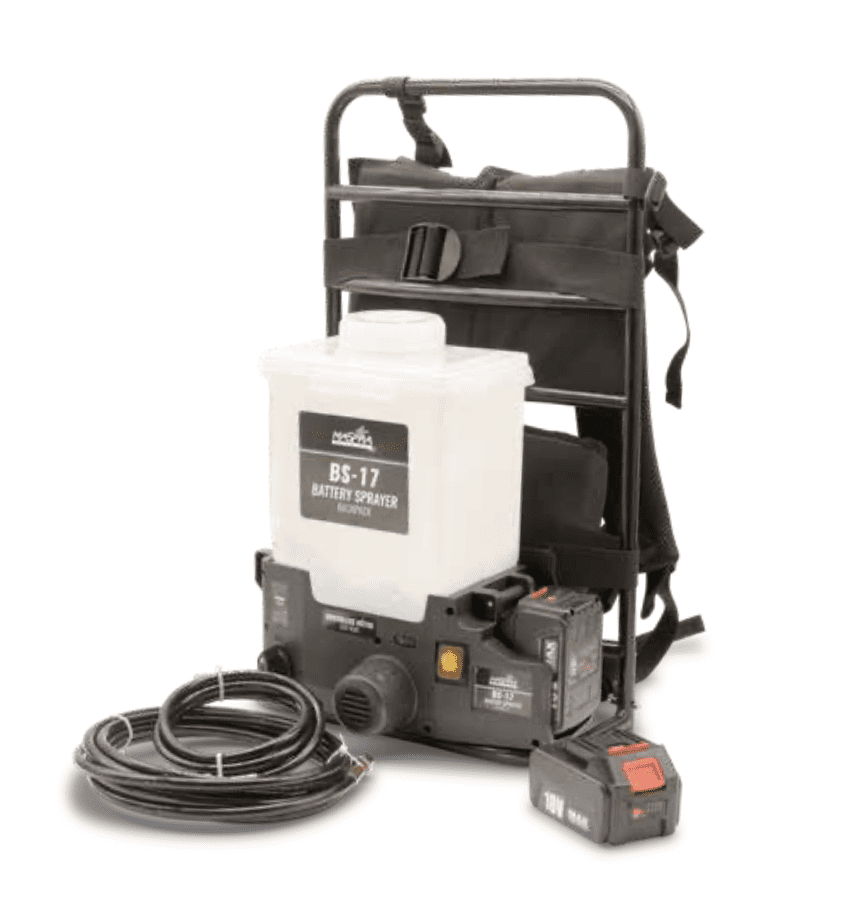 Maspra Airless Rucksack BS17 Schlauch 3/16" - 1.5 m Schlauch 3/16" - 3.0 m 2x 18V Akkus Typ Makita Ladegerät - Batteriebetriebene Spritzgeräte