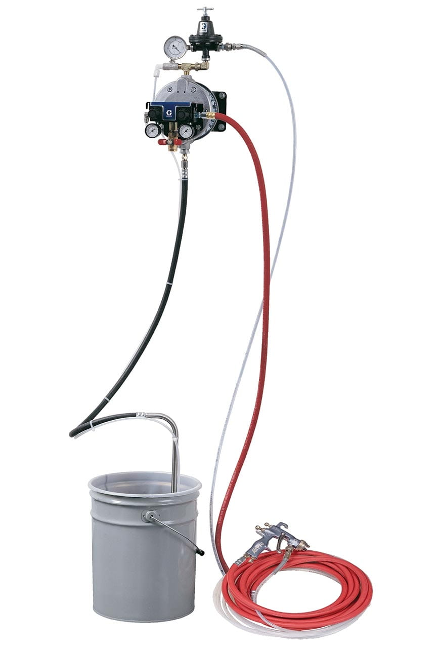 Triton-Edelstahl-Sprühsystem, Wandmontage, Luft- und Materialschläuche, konventionelle AirPro-Pistole, 1,0 mm-Düse (0,040 Zoll) für Holzanwendungen