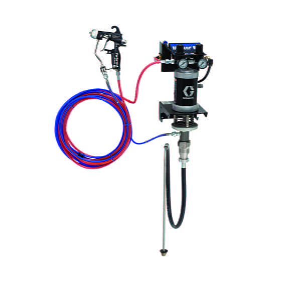 Air-assisted 15:1 Merkur ES complete system, material flow rate: 1.5 l/min (0.4 gal/min), wall-mounted, PerformAA 15 gun, coated steel