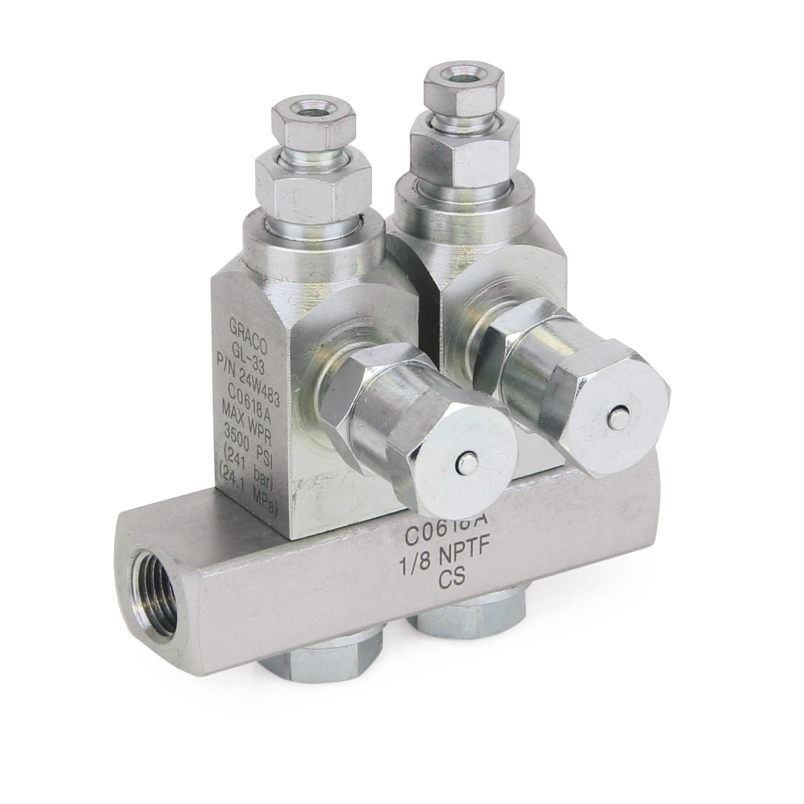 GL-33™ Fett-Einspritzsystem, Kohlenstoffstahl, Verteiler mit 2 Einleitungsverteilern, 1/8". BSPP x 6 mm