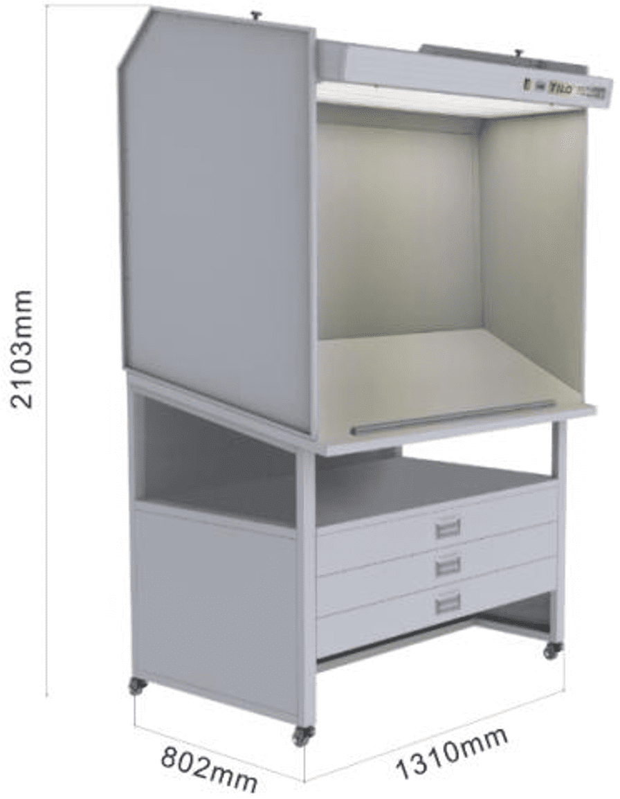 3nh Colour Light Table with Cabinet and Panel CC120-Q-3 (D65 & D50 & TL84) – Design + Features + Light Source: Horizontal table + cabinet with 2 drawers + panel (similar to types E and N) — D65 & D50 & TL84