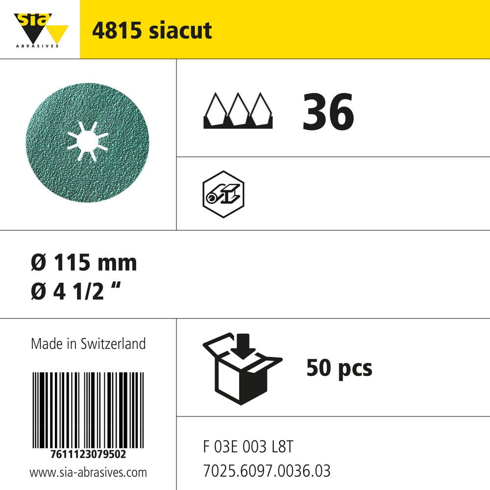 sia Abrasives 4815 siacut – Fiberschleifscheibe – Ø 115 mm, Sternloch: 22 mm – Körnung 36