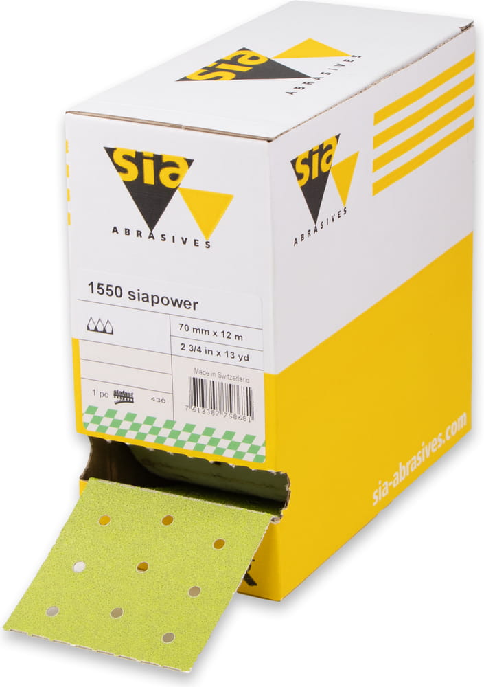 sia Abrasives 1550 siapower – siafast Schleifrolle – 70 mm x 12 m – Perforierung: 67 mm – Körnung 220