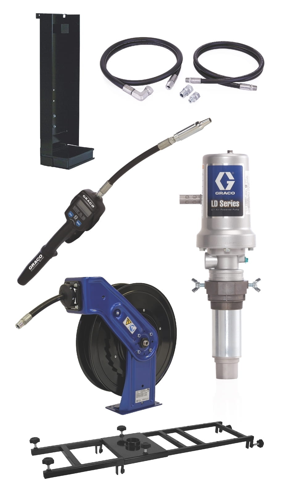 Deluxe stationäre 1040 Liter (275 Gallonen) Ölpumpe LD Serie 5:1 mit Schlauchaufroller-Komplettgerät der Serie SD™ - Manuelles Messgerät