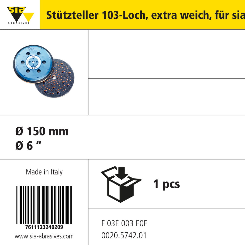 sia Abrasives Stützteller für Multi-Loch- und Netzschleifscheiben – Ø 150 mm, 103-Loch – Typ: e x traweich, siafast-Klettsystem