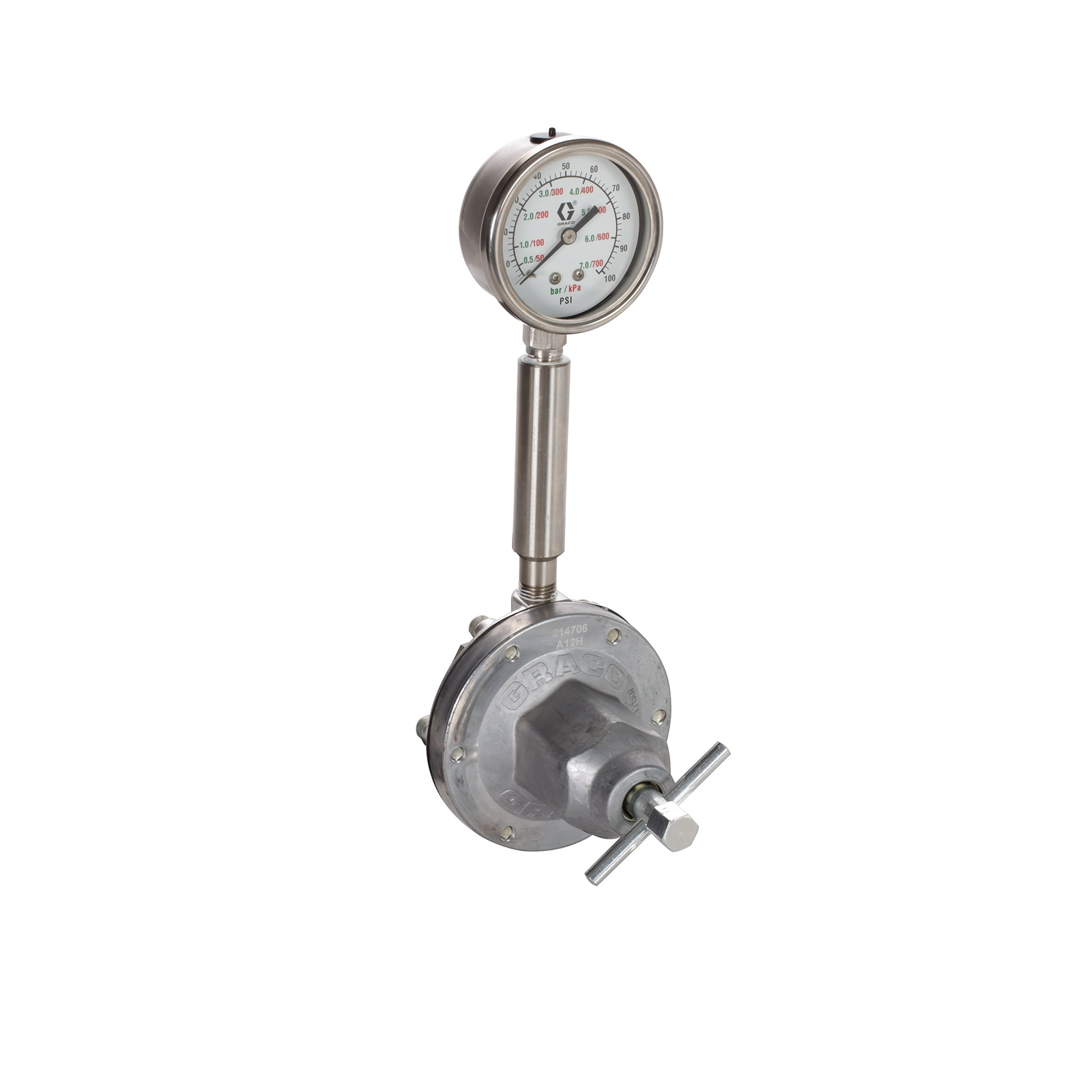 Material regulator, low pressure, max. 250 psi, 5 to 100 psi, 3.0 gal/min, stainless steel, spring-loaded, 3/8 (f) x 3/8 (f), 1/4 (f) opening