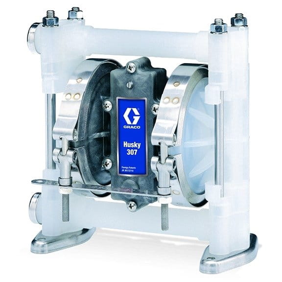 Pompe standard Husky 307 PP (3/8" BSP), boîtier central en PP, sièges AC, billes PTFE et membrane PTFE