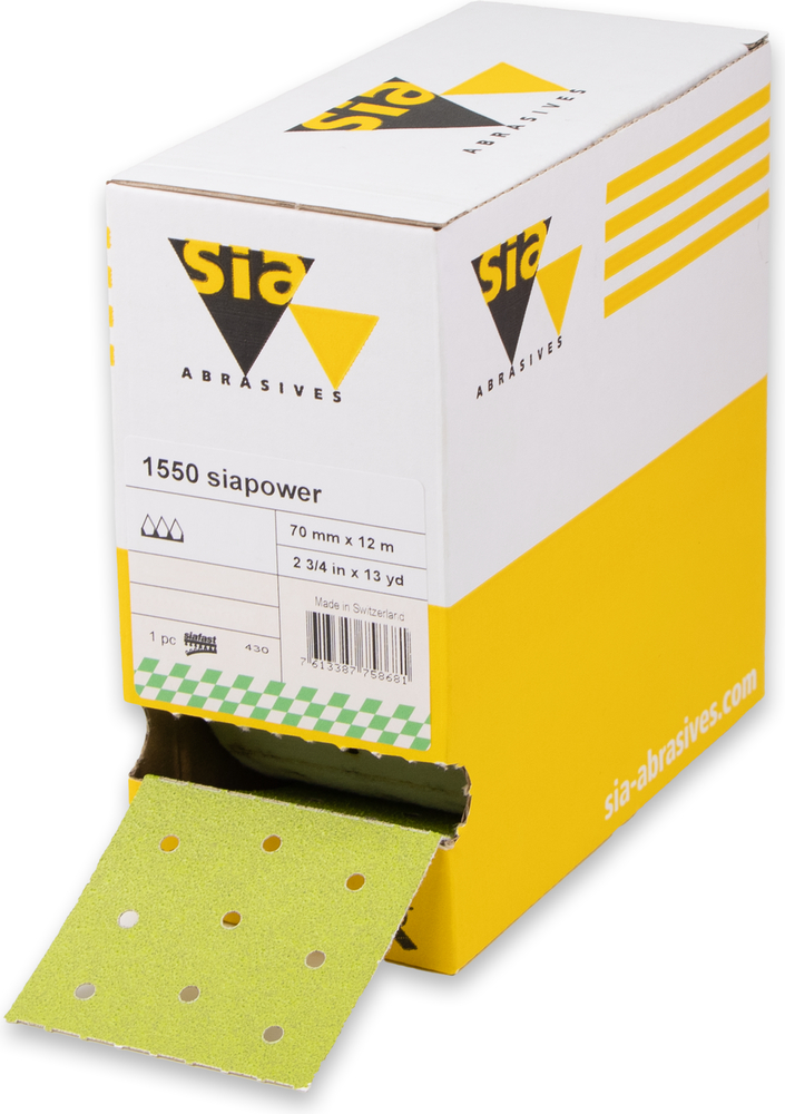 sia Abrasives 1550 siapower – siafast Schleifrolle – 70 mm x 12 m – Perforierung: 67 mm – Körnung 220