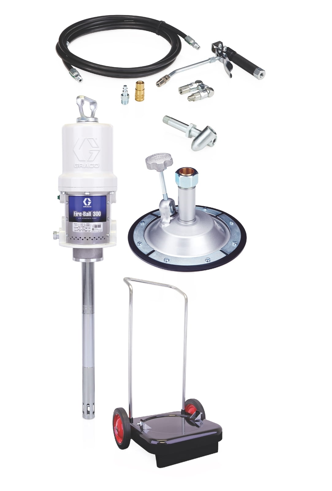 Fire-Ball® 300 Serie 50:1 da 16 a 23 kg (da 35 a 50 lb) Pompa per grasso - Supporto per secchio Apparecchio completo CE su telaio