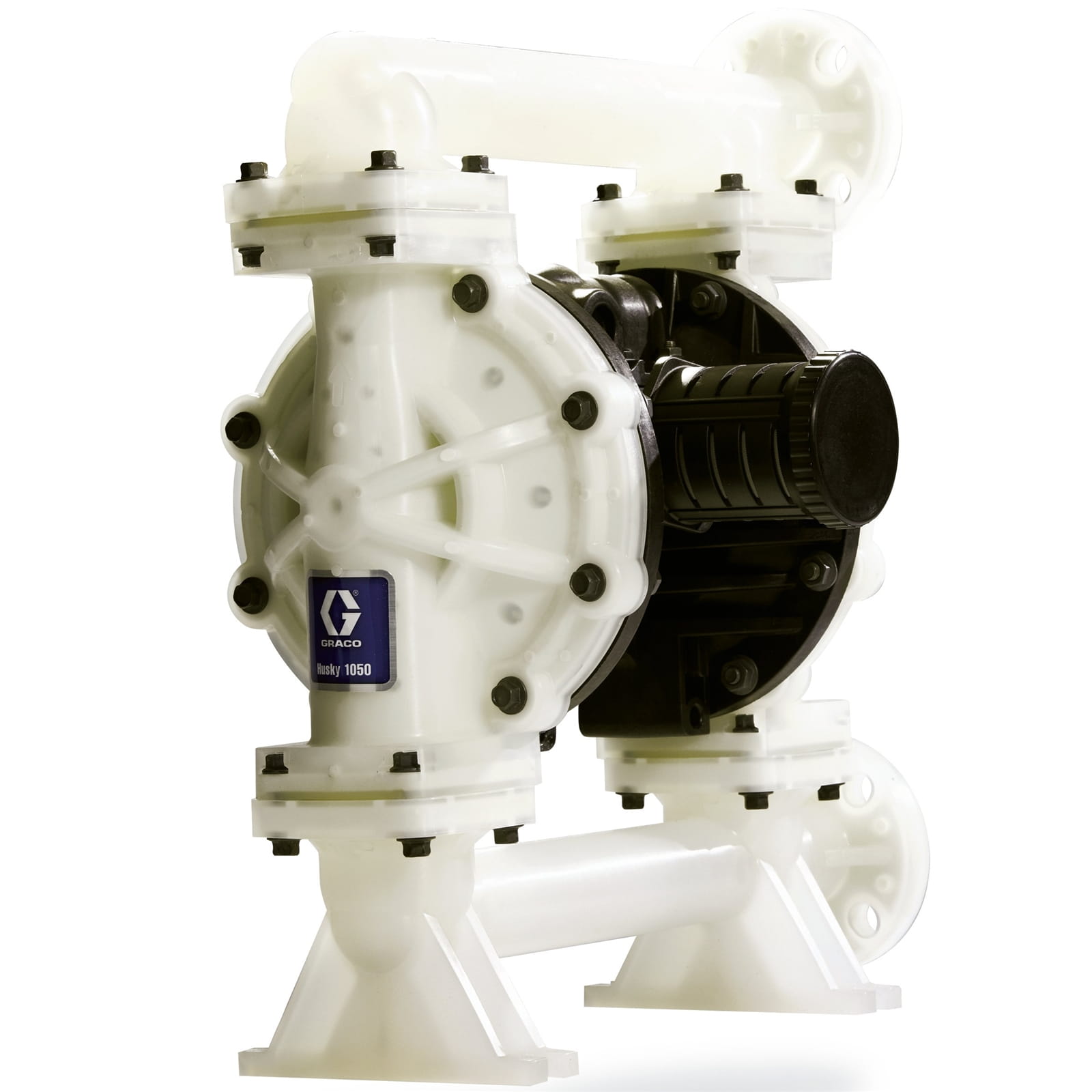 Conductive PP pump Husky 1050, end flange, DataTrak centre housing made of conductive PP, PP seats, PTFE balls and PTFE diaphragm