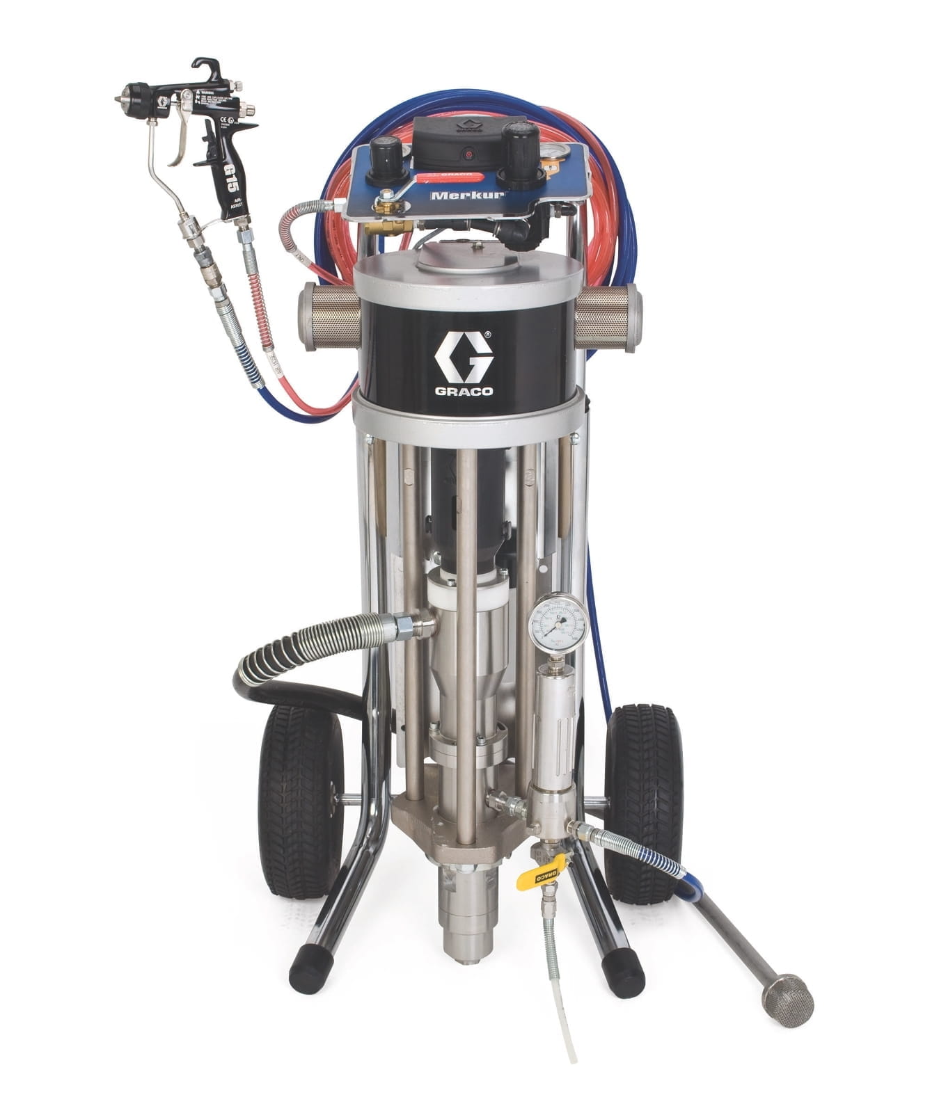 Merkur bellows model, complete air-assisted airless unit with 15:1 ratio and V-seal, chassis assembly, hoses, G15 spray gun