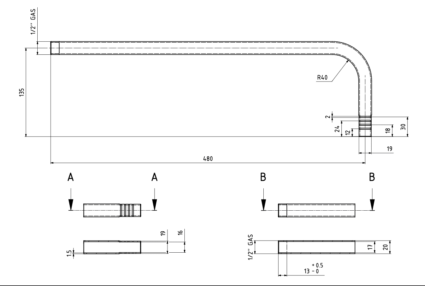 Technische Zeichnung des Edelstahl-Saugrohrs mit 1/2 Zoll Anschluss