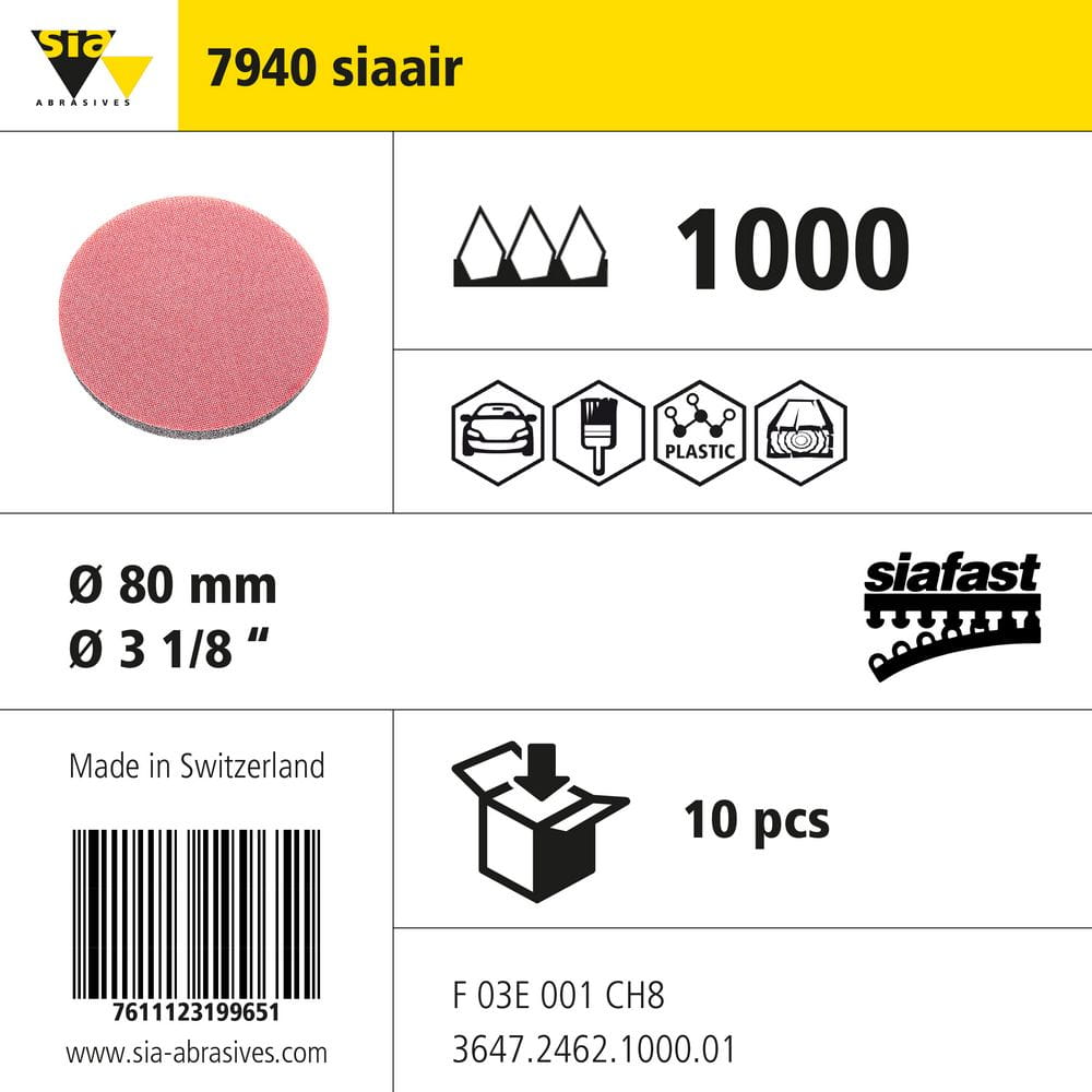 sia Abrasives 7940 siaair – siafast Schleifscheibe – Ø 80 mm, ohne Loch – Typ: wasserfest – Körnung 1000