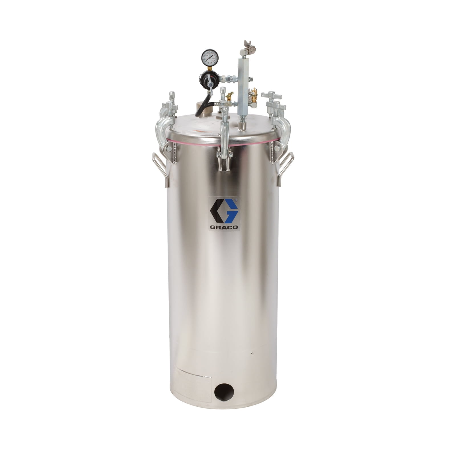 15-gallon low-pressure (HVLP) tank, set to 15 psi, ASME-compliant, 113.2 cm (44.6 in.), 42 kg (92 lbs), stainless steel