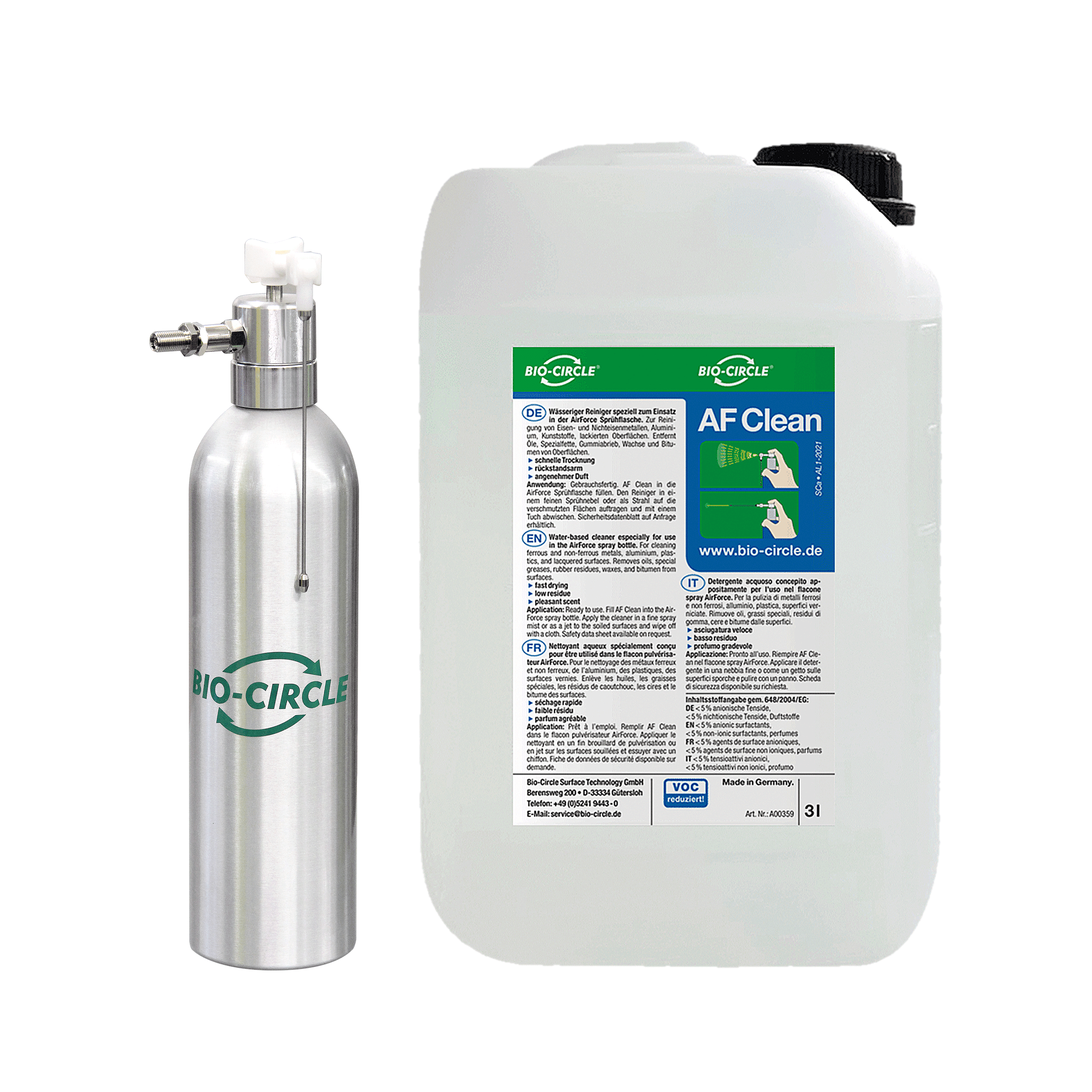 BIO-CIRCLE AF Clean Oberflächenreiniger – Starterset inkl. 20 L AF Clean, AIR-FORCE Sprühflasche und Ablasshahn