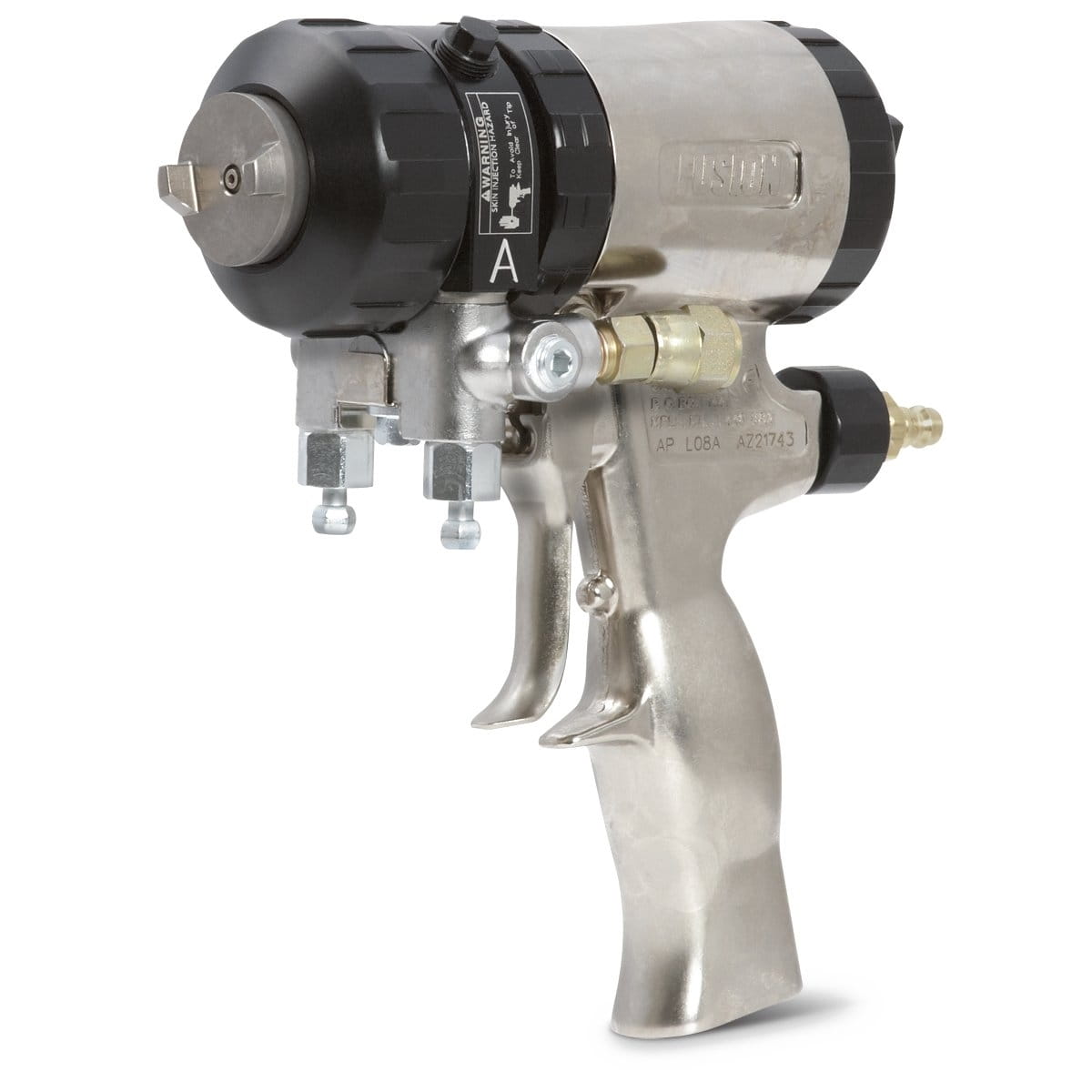 Fusion gun with air purge and flat spray pattern with an orifice size of 0.96 mm (0.038"), counterflow orifice 1.3 mm (0.052") and spray pattern size of 305-356 mm (12-14").
