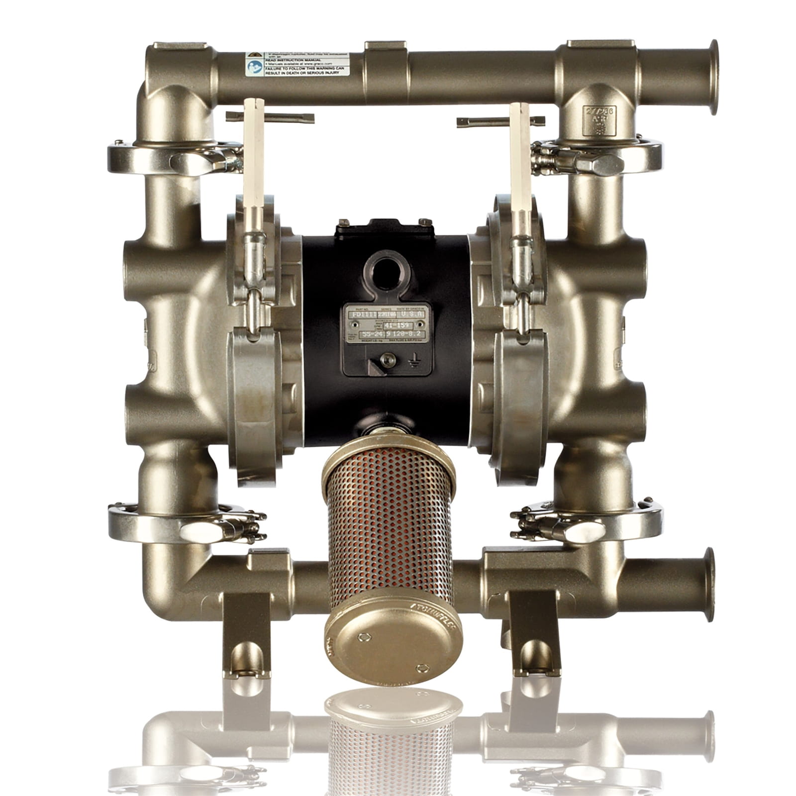SaniForce 1590 S/S Air-operated double diaphragm pump with hygienic clamp connection, aluminium centre housing, S/S seats, EPDM O-rings, Santoprene balls & diaphragm