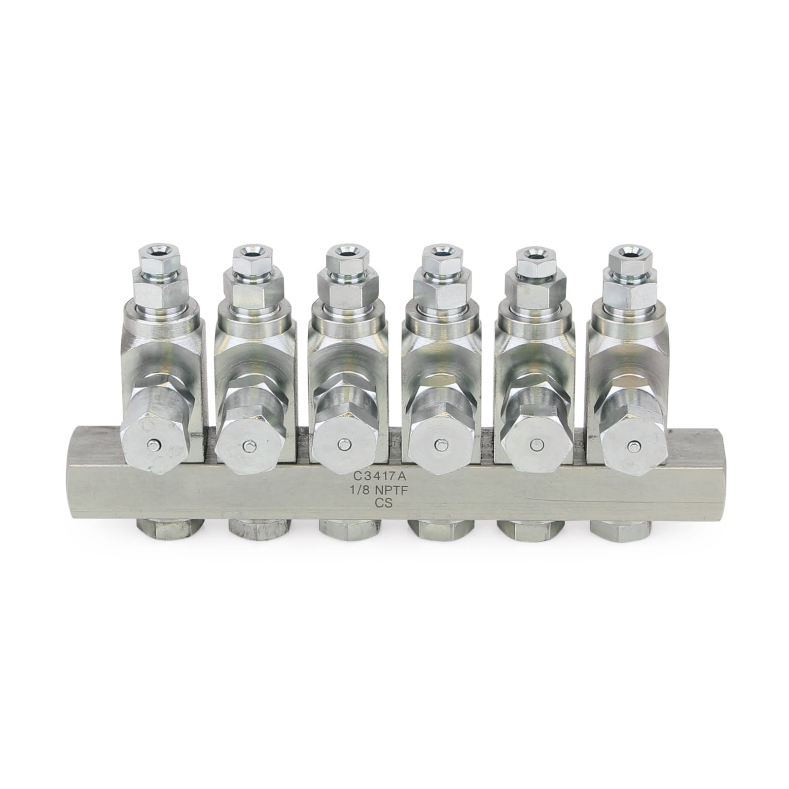 GL-42™ Wtrysk oleju, stal węglowa, rozdzielacz z 6 rozdzielaczami wprowadzającymi, 1/8". BSPP x 6 mm