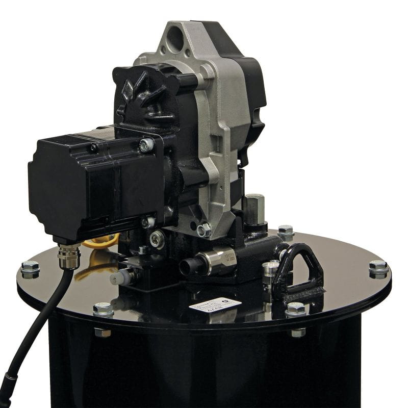 Compact Dyna-Star® 24 VDC Fettpumpe mit Entlastungsventil und 27 kg Behälter, Folgeplatte, Druck- un