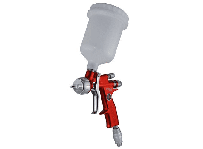 Gravity feed spray gun for paint and primer